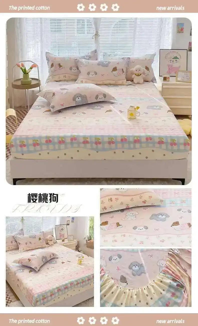 100% Cotton Kids Fitted Sheet - Pink Cartoon Print Single Size, Soft Bed Sheet Mattress Cover (No Pillowcase)