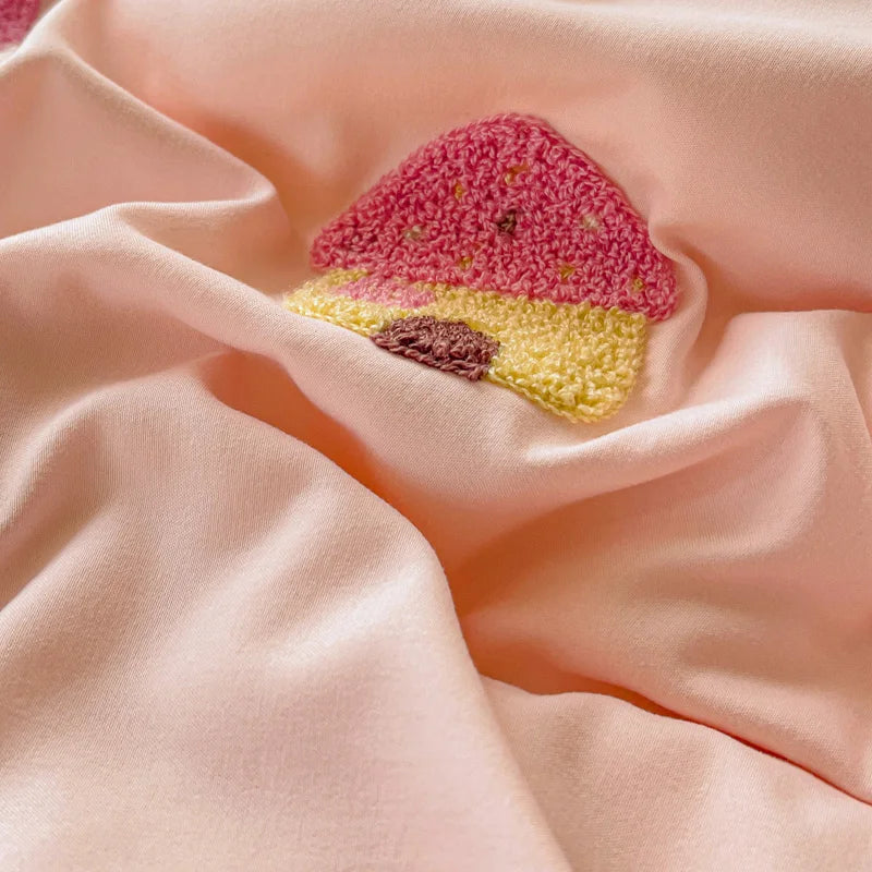 Cute Pink Cartoon Cat Towel Embroidery Girls Kids Bedding Set Soft Washed Cotton Duvet Covers Set Bed Sheet Pillowcases 3/4Pcs