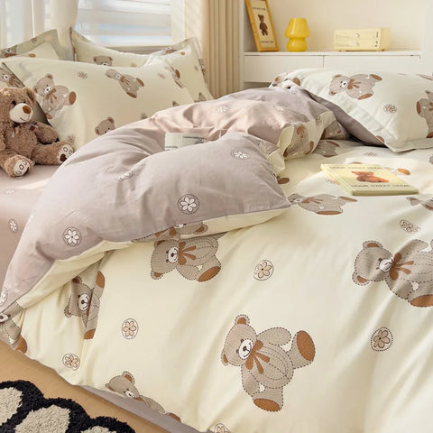 Cute Bear Duvet Cover Set for Teens, 3-Pieces Set 100%Cotton Comforter Cover with Pillow Shams, Soft Comfortable Kids Bedding