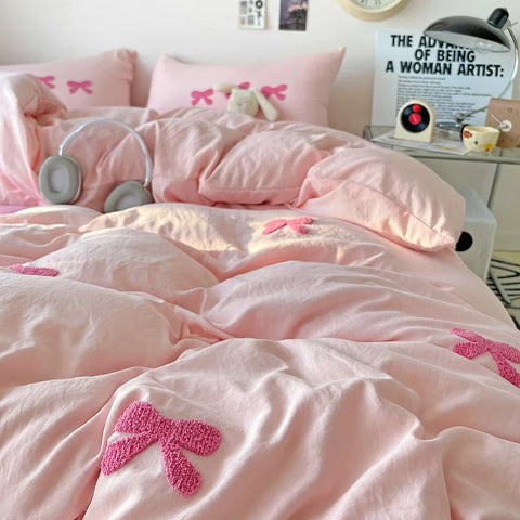 Cute Pink Bows Duvet Cover Set, 3D Embroidery Bedding Sets Pink Bed Set, Comfy Queen Comforter Covers Soft for Girls Kids Teens