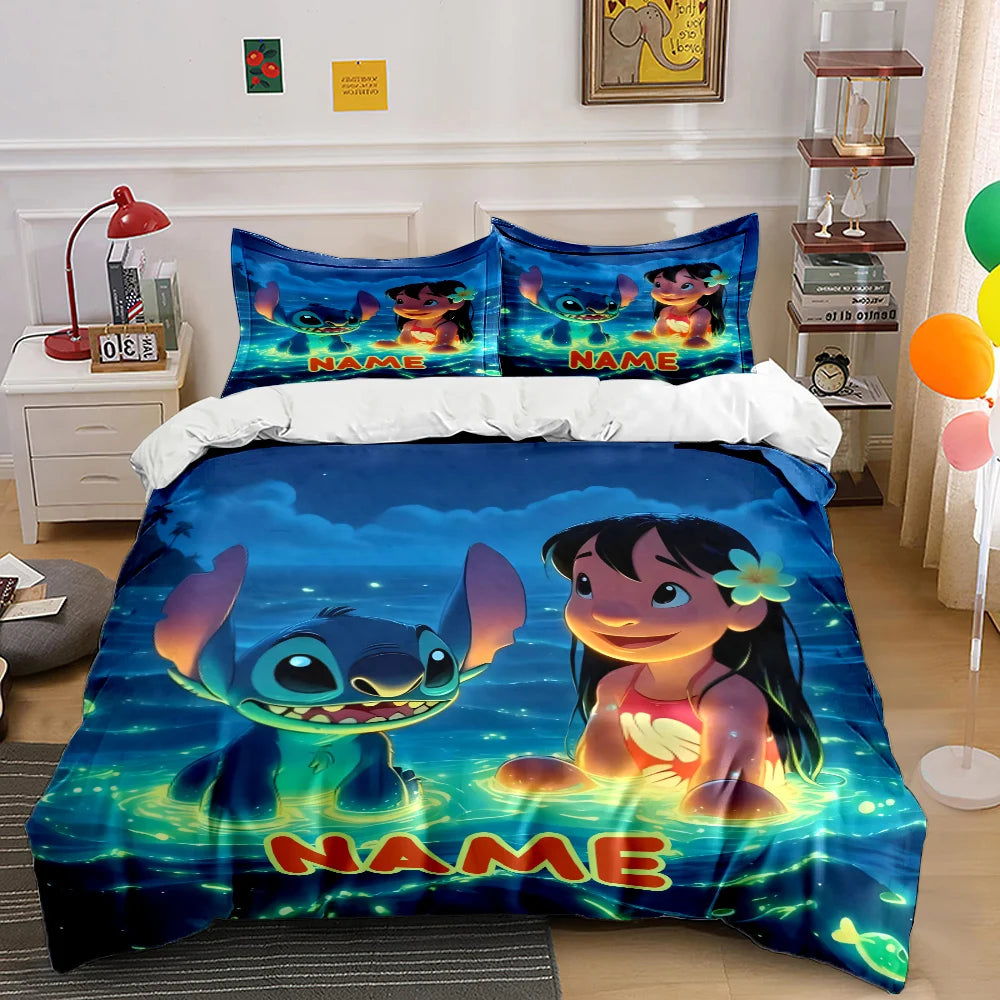 Personalized Name Custom Disney Stitch Printed Cartoon Bedding Set Duvet Cover Adult Kids Birthday Gift Full Size Luxury Gift