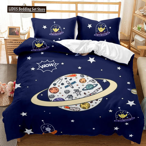 Astronaut Duvet Cover Set Space Bedding Set 3D For Kid Boy Girl Teen Sky Galaxy Themed Polyester Comforter Cover Queen King Size