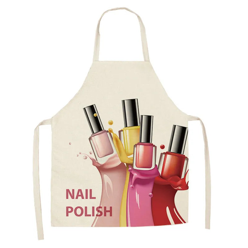 Linen Flower Nail Polish Theme Print Kitchen Aprons Unisex Dinner Party Cooking Bib Funny Pinafore Cleaning Apron