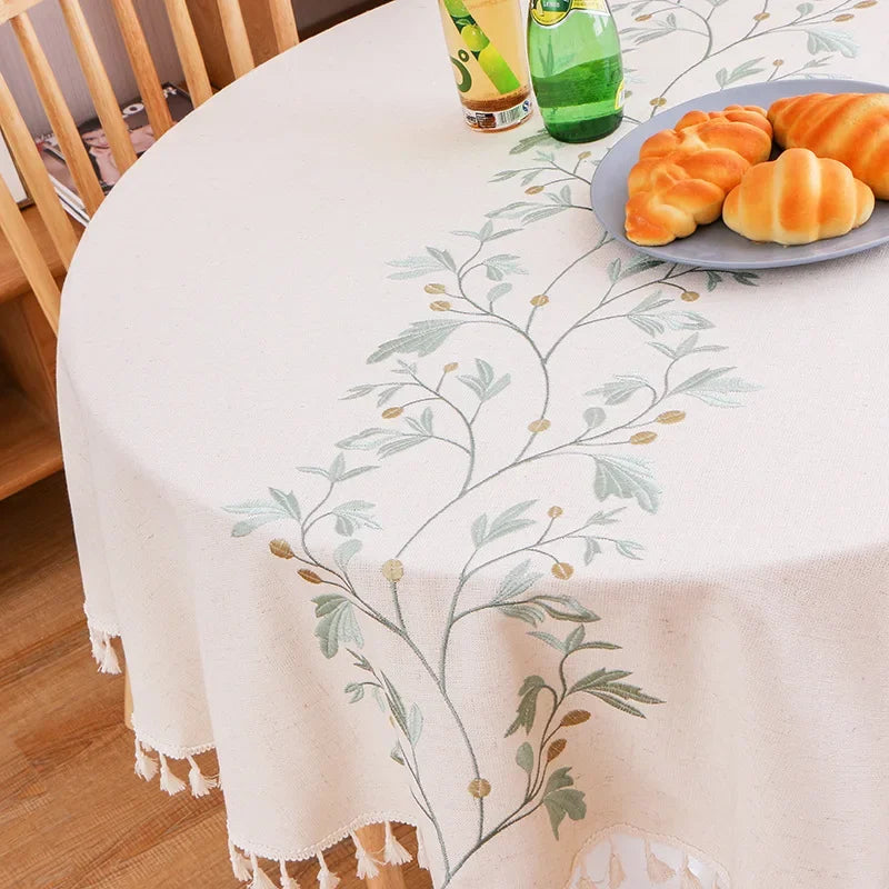 Solid Embroidery Round Tablecloth with Tassels Dust-Proof Table Cover for Kitchen Living Room Dinning Party Tabletop Decorations