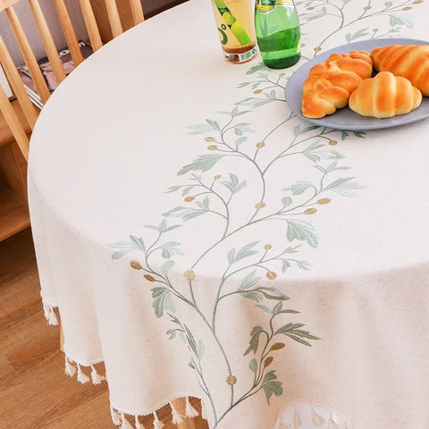 Solid Embroidery Round Tablecloth with Tassels Dust-Proof Table Cover for Kitchen Living Room Dinning Party Tabletop Decorations