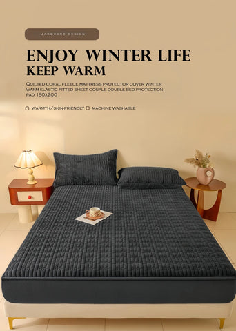 WASART Quilted coral fleece mattress protector cover winter warm elastic fitted sheet couple double bed protection pad 180x200