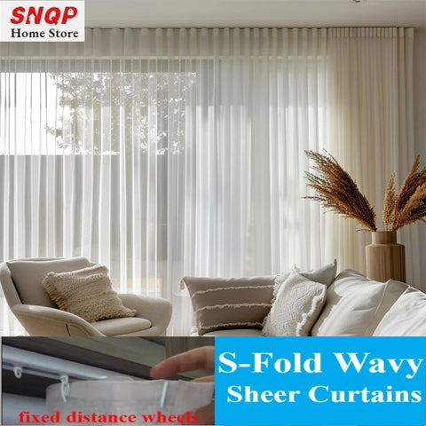 S Fold Wavy White Tulle Sheer Curtains for Living Room Bedroom Dining Good Quality Window Chiffon Bedroom Door Screen 창문커텐