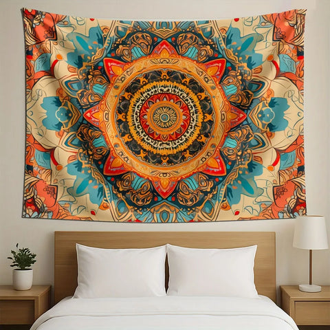 1pc Large Mandala Tapestry - Vibrant Orange/Black/White/Red Bohemian Style | Home Decor, Holiday Gift & Party Event Decoration