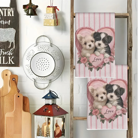 2Pcs, Valentine's Day Pink Striped Couple Dog Heart-Shaped "Love" Kitchen Towels, 40Cm*60Cm Towel Set, Super Absorbent Soft Cleaning Cloth, Cooking Baking Tea Towel, Hand Towel, Cleaning Cloth, Dishcloth, Kitchen Decoration,
