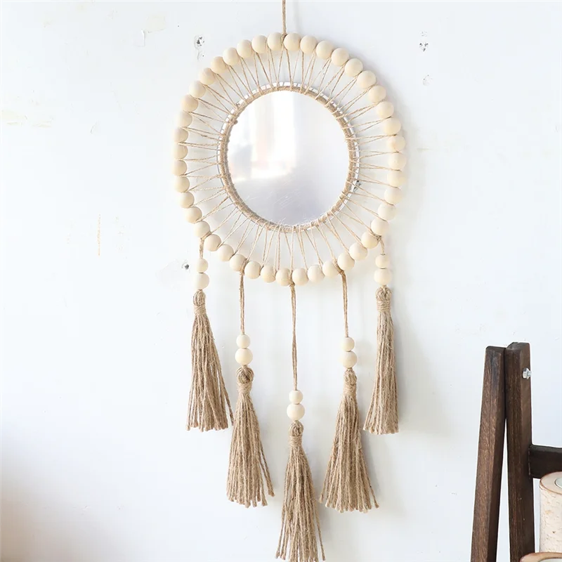 AK23-Wall Mirror Hanging Wall Mirror Boho Antique Mirror With Wood Beads Fringe Handmade Round Decoration