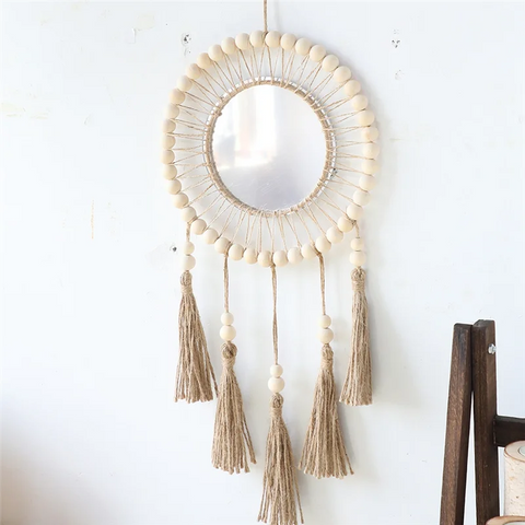 AK23-Wall Mirror Hanging Wall Mirror Boho Antique Mirror With Wood Beads Fringe Handmade Round Decoration