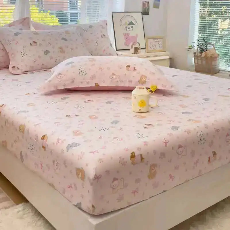 100% Cotton Kids Fitted Sheet - Pink Cartoon Print Single Size, Soft Bed Sheet Mattress Cover (No Pillowcase)