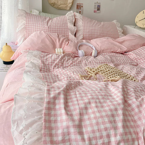 Korean Princess Style Lattice Double Layer Lace Bedding Set Soft Quilt Cover Plaid Style Duvet Covers Set Bed Sheet Pillowcases