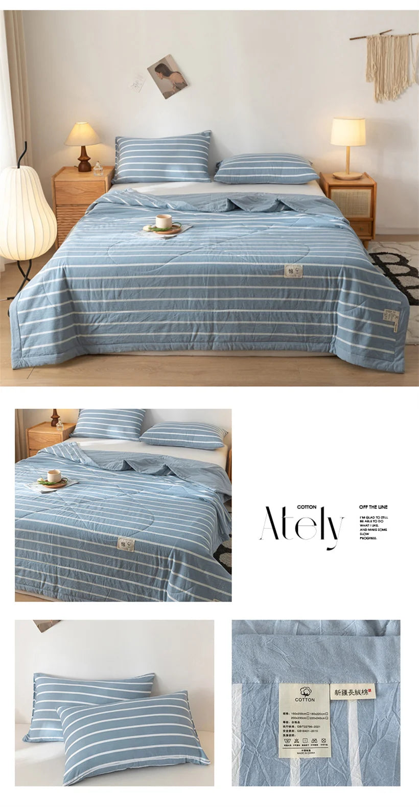 Ins Style Summer Quilt with 100% Cotton Filling Lightweight Skin-friendly Pure Cotton Quilt Plaid Style Thin Comforter Bed Duvet