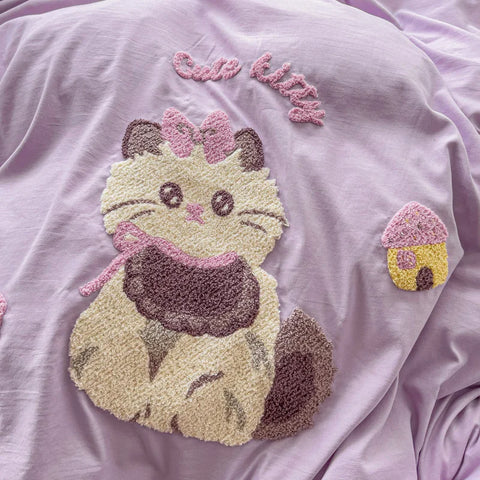 Cute Pink Cartoon Cat Towel Embroidery Girls Kids Bedding Set Soft Washed Cotton Duvet Covers Set Bed Sheet Pillowcases 3/4Pcs