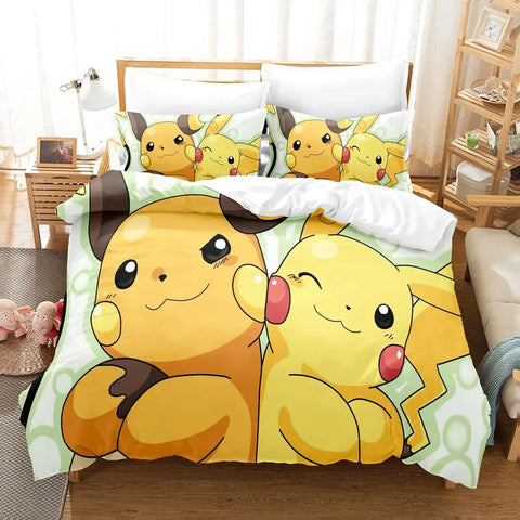 Kawaii Pokemoned Cartoon Anime Bedding Set Pikachu Gengar Eevee Charizard Quilt Duvet Cover Pillowcase Kid Bed Set Twin Size