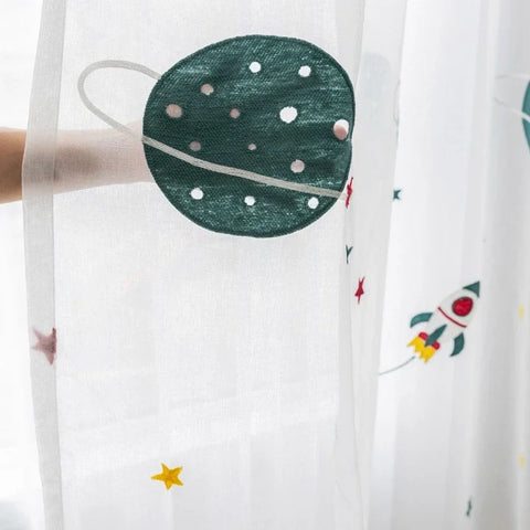 Cartoon Outer Space Rocket Embroidered Voile Curtain For Kids Bedroom Living Room Sheer Window Drapes Luxury Children Tulle 20D3