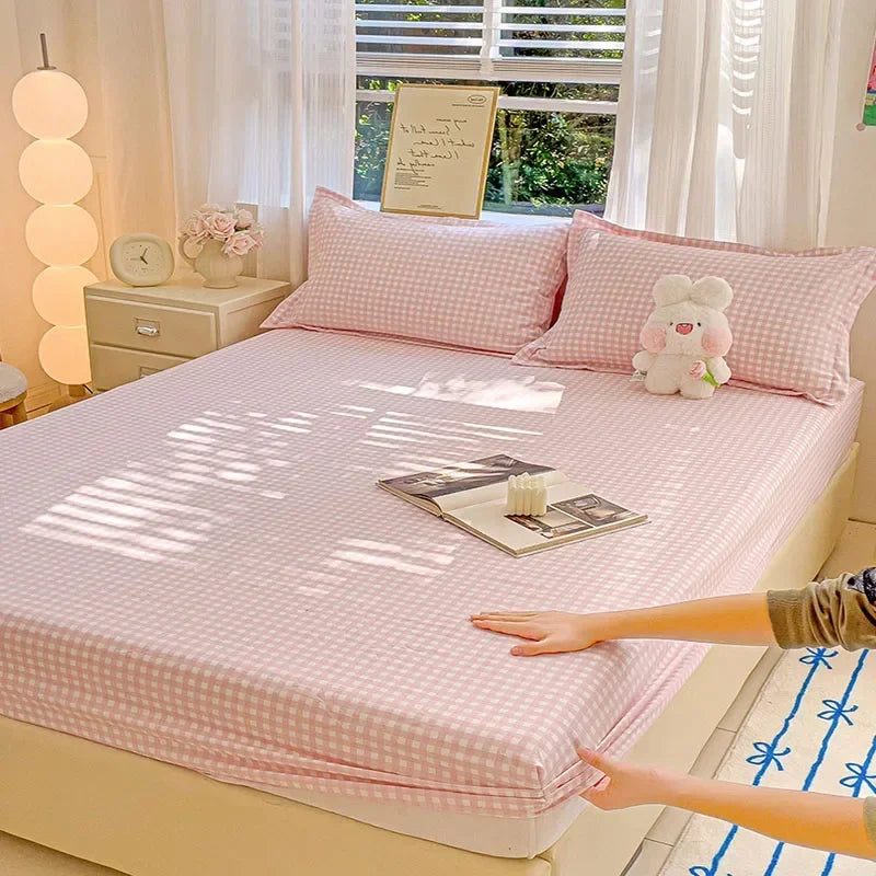New Ultra-Thin Grid Pattern Fitted Sheet Set Washed Cotton Skin-Friendly Mattress Dust Cover Soft Breathable Household Mat