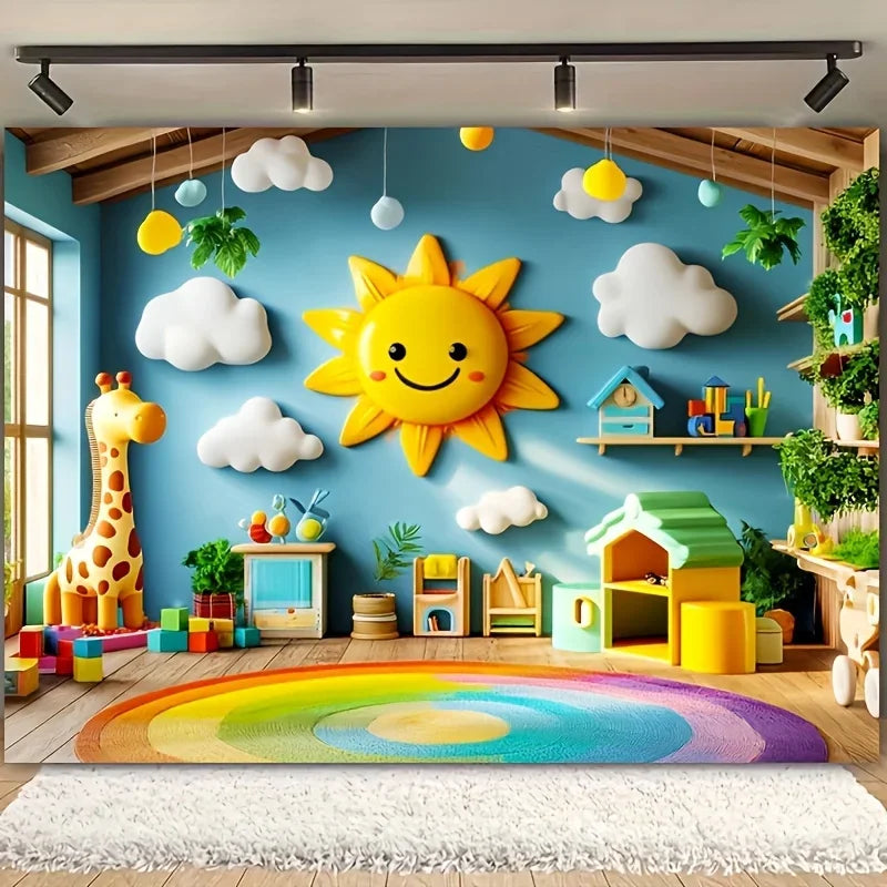 Vibrant Teen Room Tapestries-Wall Hanging-Cheerful Sunlight and Clouds Giraffe Wall Cloth Room Decor 180X280CM