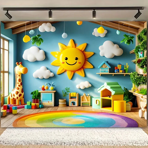 Vibrant Teen Room Tapestries-Wall Hanging-Cheerful Sunlight and Clouds Giraffe Wall Cloth Room Decor 180X280CM