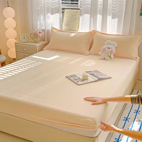 New Ultra-Thin Grid Pattern Fitted Sheet Set Washed Cotton Skin-Friendly Mattress Dust Cover Soft Breathable Household Mat