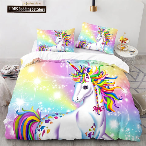 Unicorn Rainbow Duvet Cover Set King Twin Full Size Kids Boy Girl Bedding Set Colourful Cartoon Child Polyester Comforter Cover