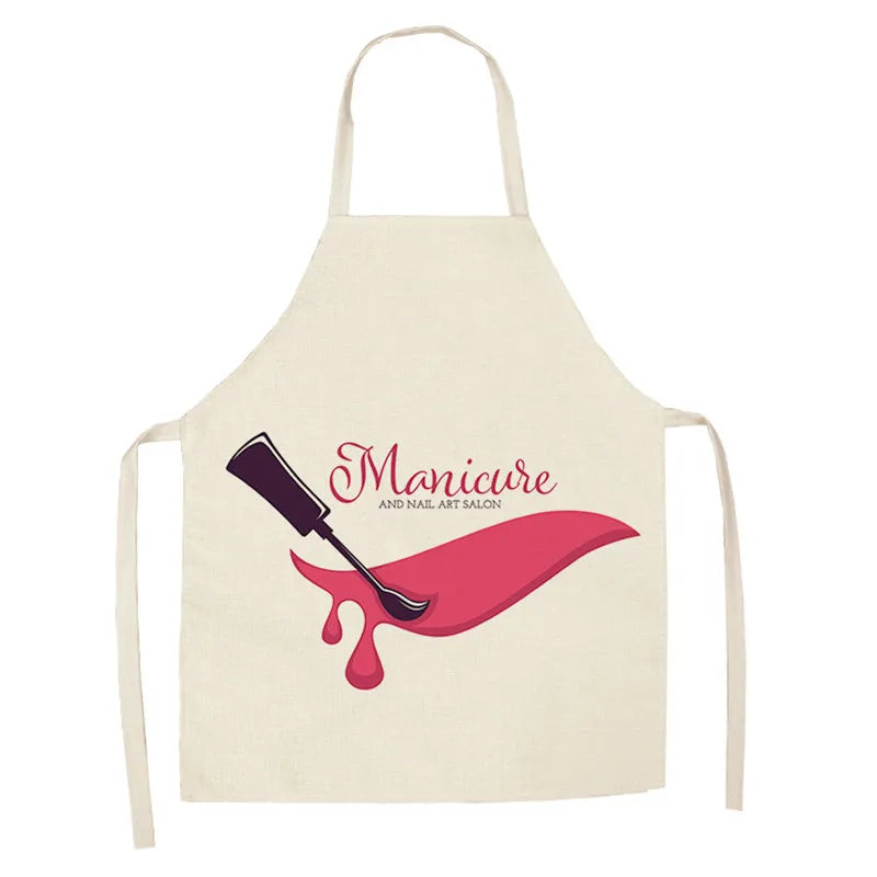 Linen Flower Nail Polish Theme Print Kitchen Aprons Unisex Dinner Party Cooking Bib Funny Pinafore Cleaning Apron
