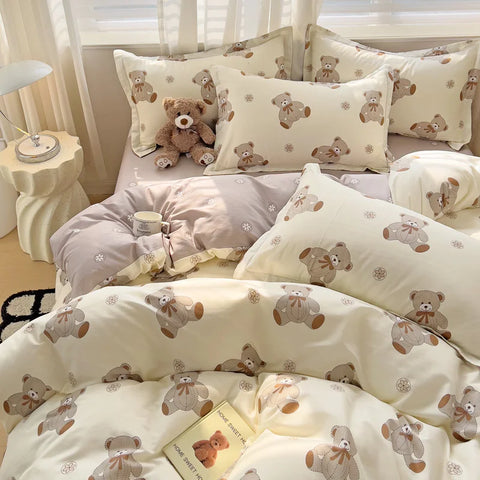 Cute Bear Duvet Cover Set for Teens, 3-Pieces Set 100%Cotton Comforter Cover with Pillow Shams, Soft Comfortable Kids Bedding