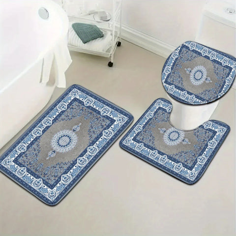 3-Piece Set of Retro Ethnic Blue and White Pattern Bathroom Mats Set Toilet Seat Ring U-Shaped Foot Mats for Bathroom Decoration