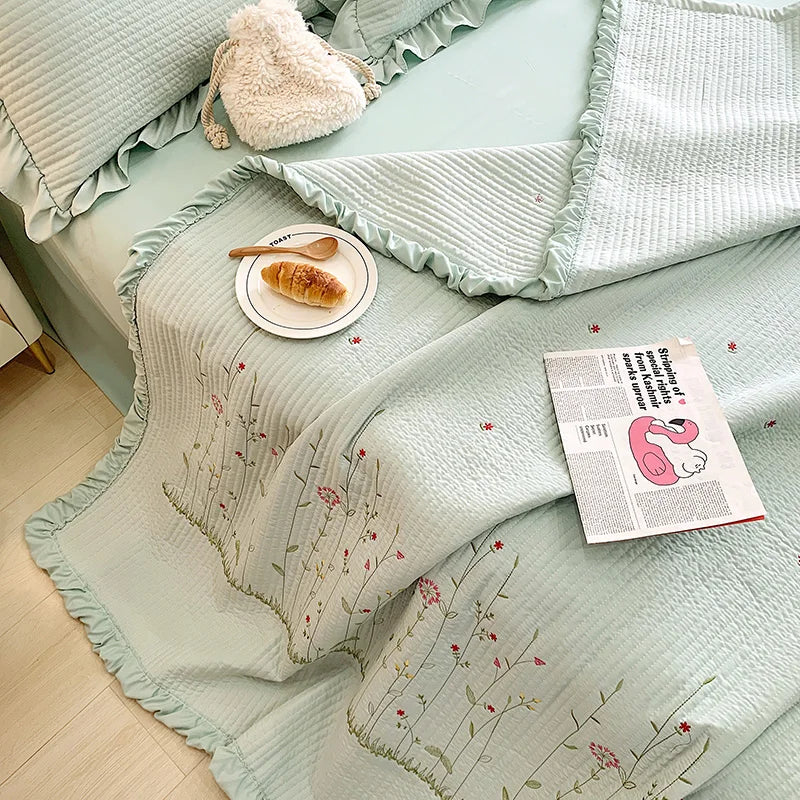Fresh Flower Embroidered Summer Blanket 4/3/1 Pcs Ruffled Quilted Summer Quilt Set Machine Washable Lightweight Comforter Duvet