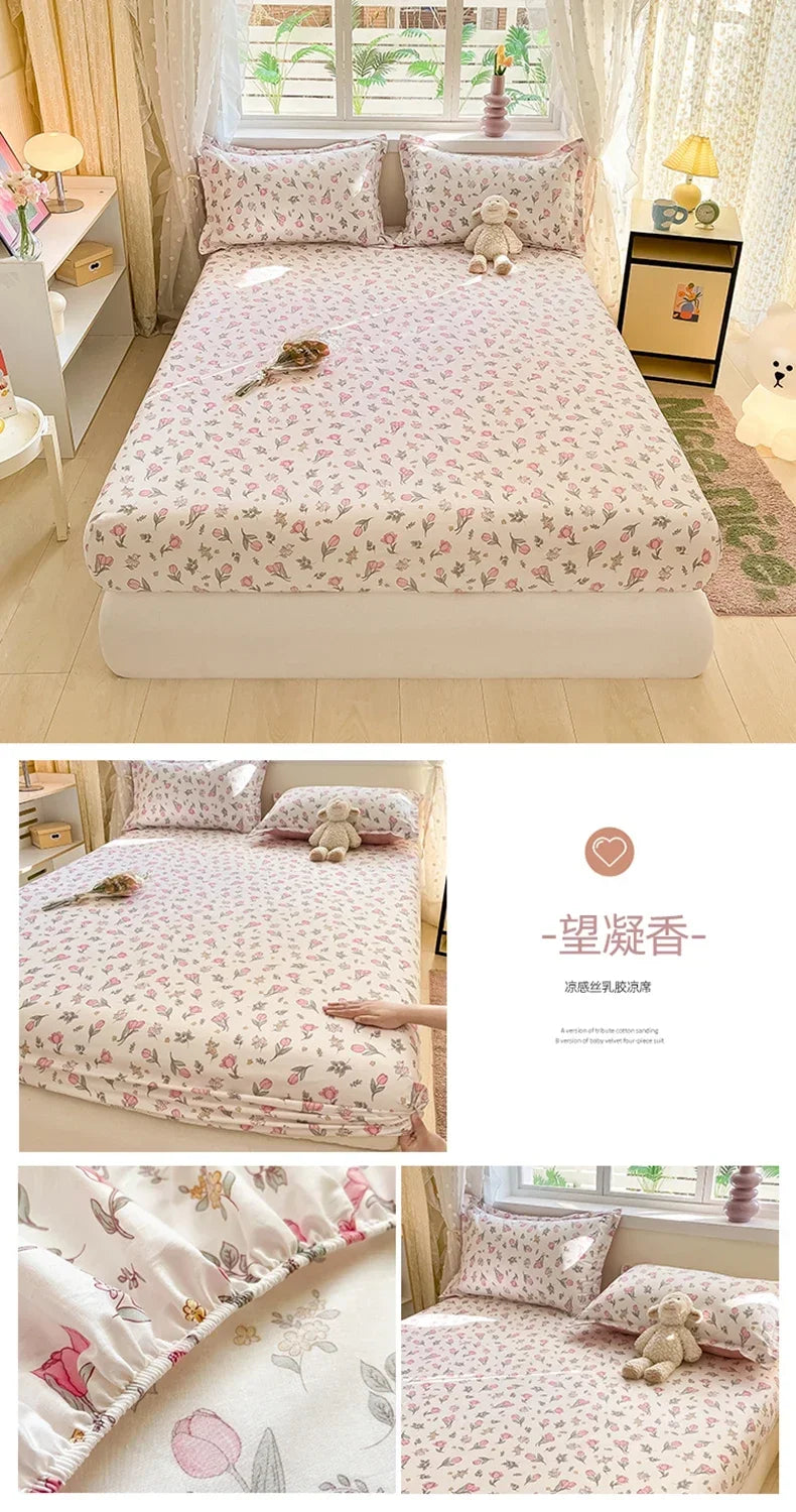 100%Cotton Bed Sheet on Elastic Cute Dinosaur Printed Mattress Cover for Kids Cartoon Pure Cotton Bed Linen (without pillowcase)