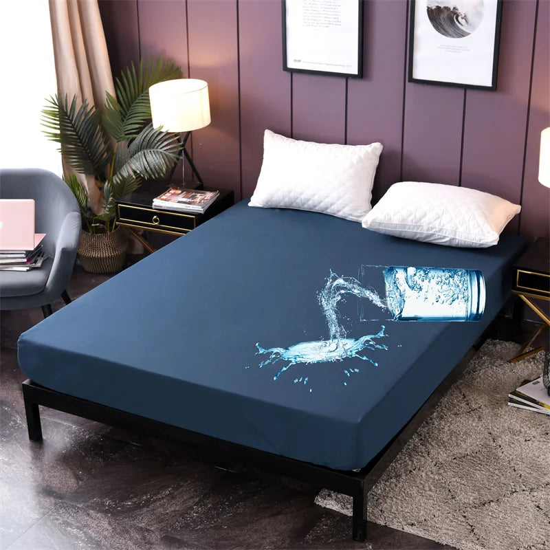 Waterproof Mattress Protector Cover Queen Size 14 inches Deep Pocket Polyester Bed Cover Solid Color Fitted Sheet (Black, Queen)