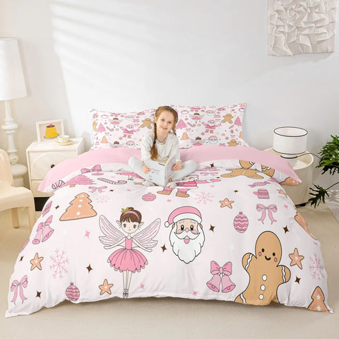 Homewish Girly Christmas Nutcracker Duvet Cover Set for Kids,Princess Cute Bowknot Bedding Set,Pink Abstract Stripes Bed Set