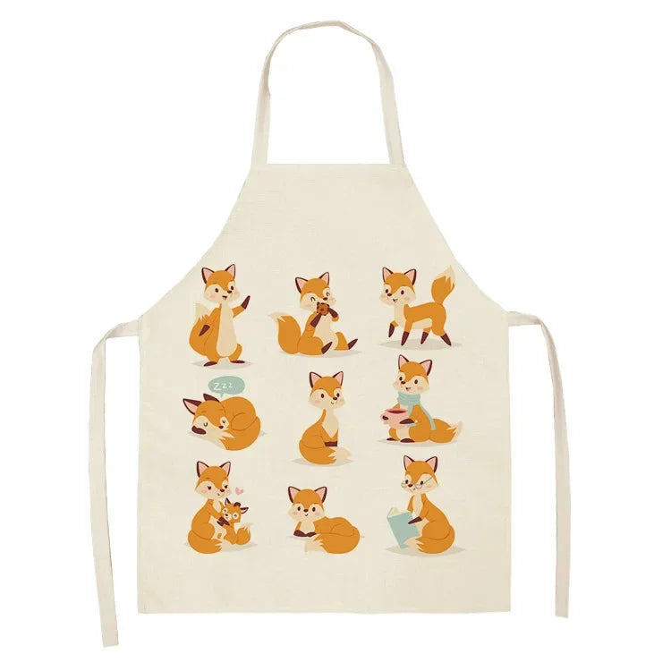1Pcs Cute Fox Cat Pattern Apron Women Men Kids Waterproof Cooking Oil-proof Kitchen Cooking Bib Aprons Cotton Linen Home Textile