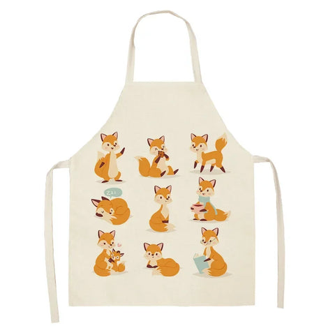 1Pcs Cute Fox Cat Pattern Apron Women Men Kids Waterproof Cooking Oil-proof Kitchen Cooking Bib Aprons Cotton Linen Home Textile