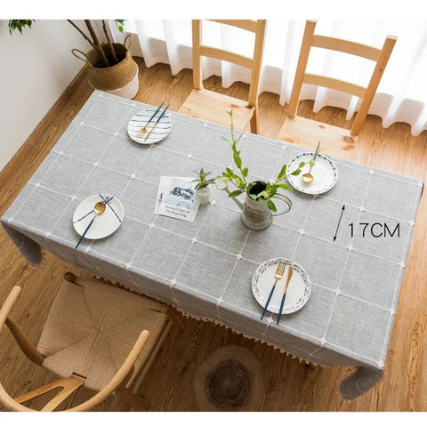 Cotton Linen Embroidery Tassel Tablecloth,Grey Large Square Dust-Proof Table Cover,for Kitchen Dinning Coffee Tabletop Decor