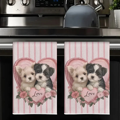 2Pcs, Valentine's Day Pink Striped Couple Dog Heart-Shaped "Love" Kitchen Towels, 40Cm*60Cm Towel Set, Super Absorbent Soft Cleaning Cloth, Cooking Baking Tea Towel, Hand Towel, Cleaning Cloth, Dishcloth, Kitchen Decoration,