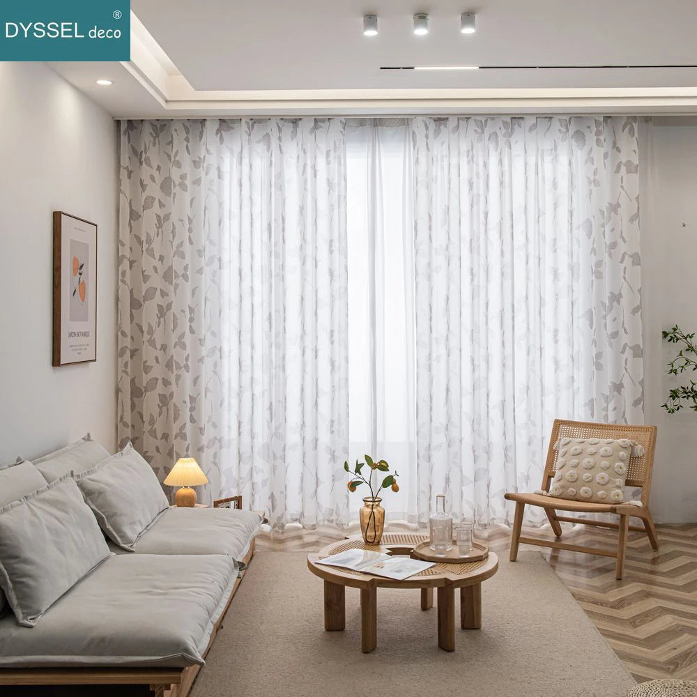Natural Printed Sheer Curtains Linen Textured for Living Room Maple Leaf Design Farmhouse Style Window Panel Drapes Grommet Top