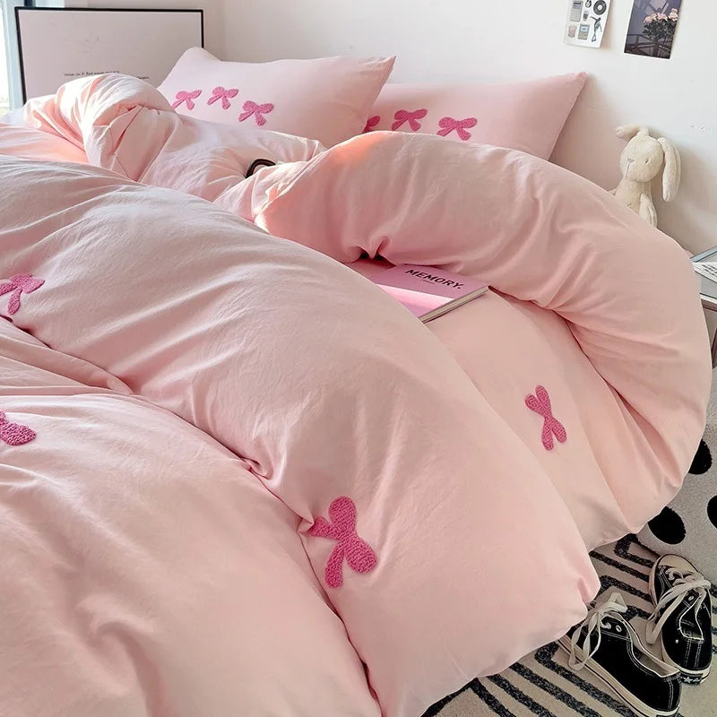 Cute Pink Bows Duvet Cover Set, 3D Embroidery Bedding Sets Pink Bed Set, Comfy Queen Comforter Covers Soft for Girls Kids Teens