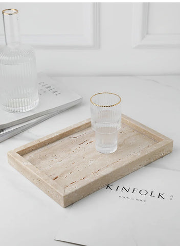 Minimalism Marble Tray for Perfume Candles Jewelry Travertine Stone Vanity Tray for Dresser Countertop Coffee Table Serving