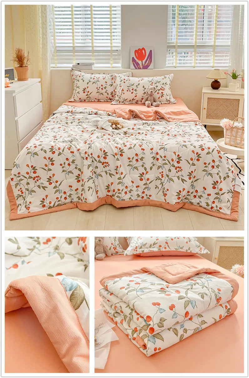 Floral Style Duvets for Summer Soft Comforter Breathable Bedspread 이불 Quilted Blanket Adults/Kids Thin Quilt (No Pillowcase)