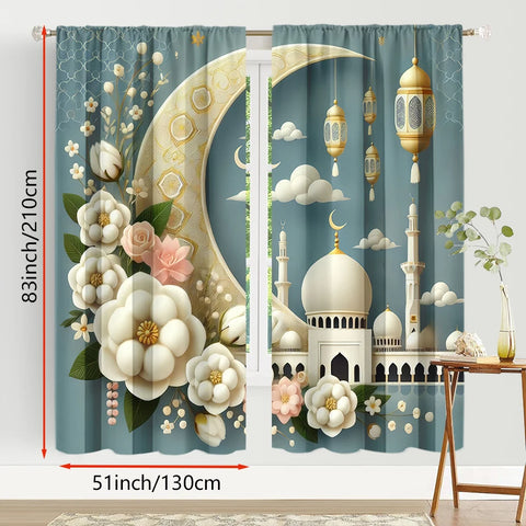 2PCS light blue golden moon curtains, fresh breeze, bedroom and living room, decorative curtains with drawbar pockets