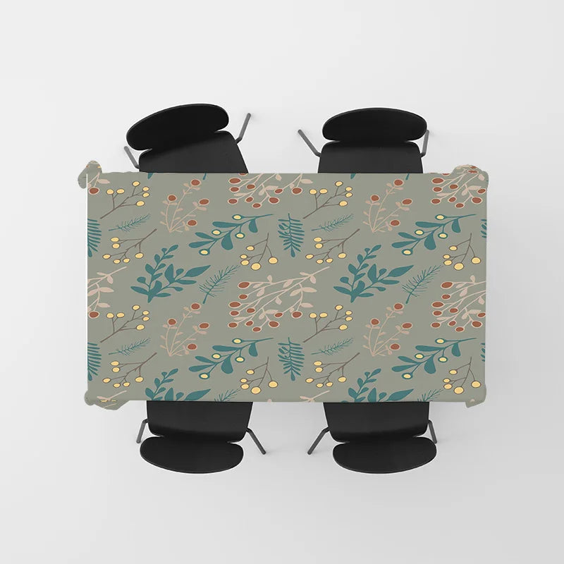Elegant Floral Tablecloth, Green Yellow Leaves Print, Round Dining Cover 4 Seater Set for Kitchen Decoration Home Textiles on Al