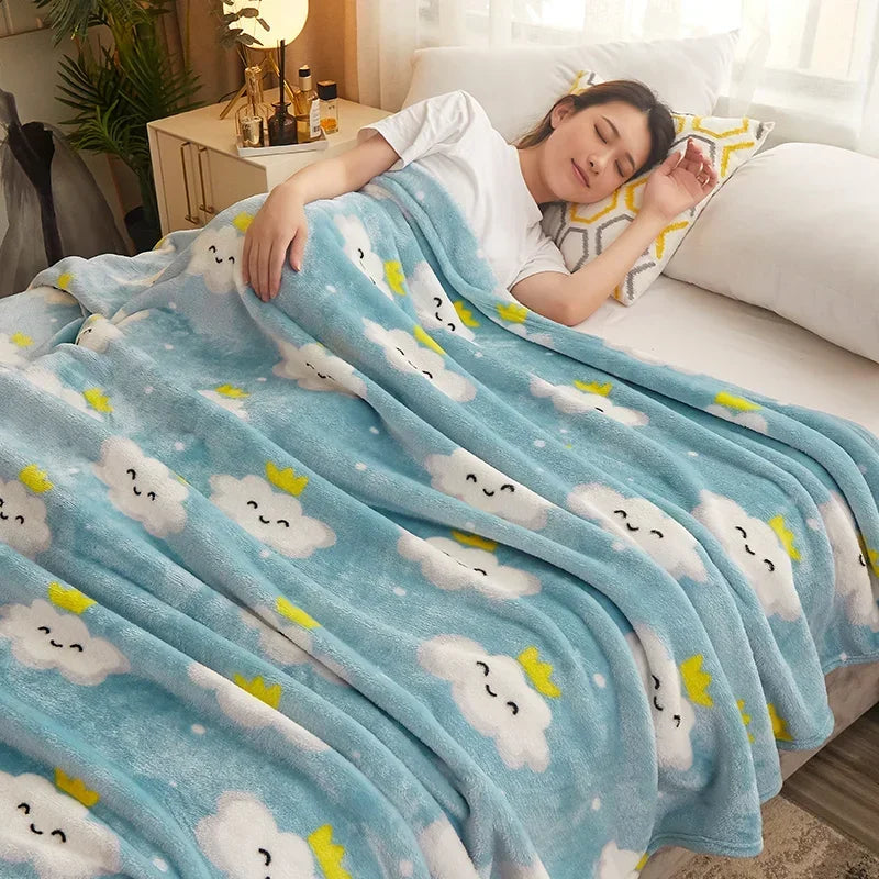 Thin Blanket for Summer Soft Coral Fleece Flannel Blanket for Beds Flower Printed Plaids for Bed Single/Queen/King Size Blanket
