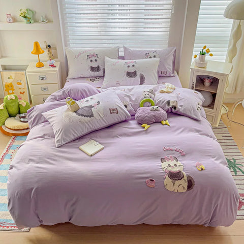 Cute Pink Cartoon Cat Towel Embroidery Girls Kids Bedding Set Soft Washed Cotton Duvet Covers Set Bed Sheet Pillowcases 3/4Pcs