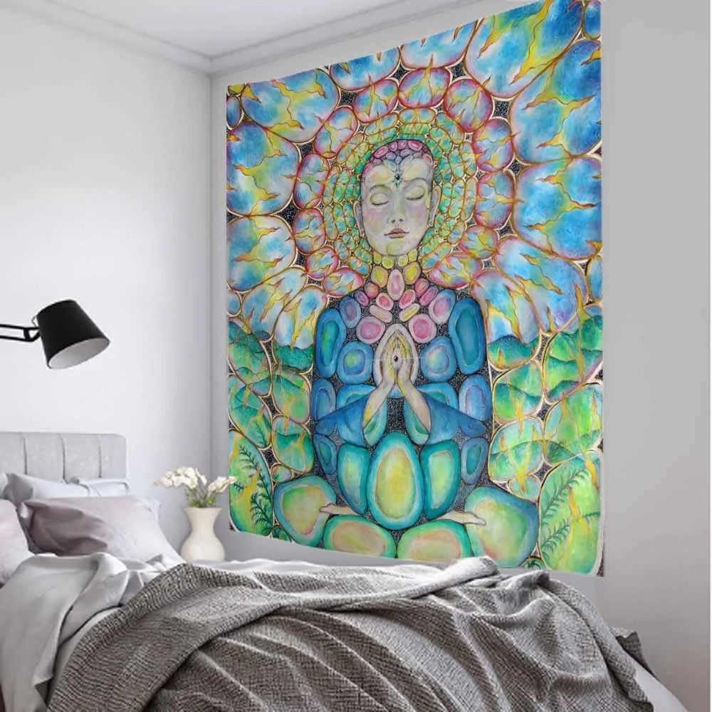 Meditation art tapestry, Buddha statue, chakra, wall hanging, mandala, home, living room, bedroom decoration wall hanging