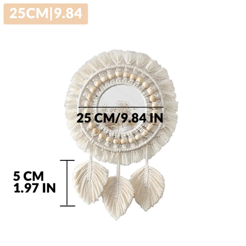 Macrame Hanging Wall Mirror, Boho Fringe Round Handmade Decorative Acrylic Mirror for Apartment Living Room Bedroom Home Decor