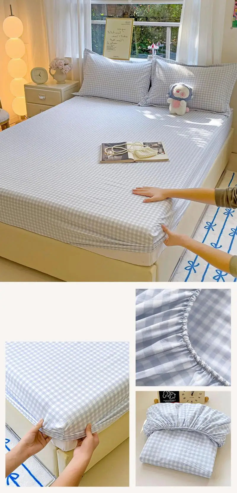 New Ultra-Thin Grid Pattern Fitted Sheet Set Washed Cotton Skin-Friendly Mattress Dust Cover Soft Breathable Household Mat