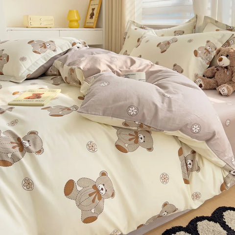 Cute Bear Duvet Cover Set for Teens, 3-Pieces Set 100%Cotton Comforter Cover with Pillow Shams, Soft Comfortable Kids Bedding