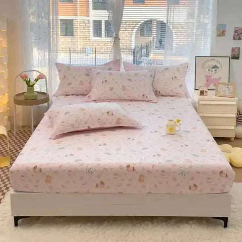 100% Cotton Kids Fitted Sheet - Pink Cartoon Print Single Size, Soft Bed Sheet Mattress Cover (No Pillowcase)
